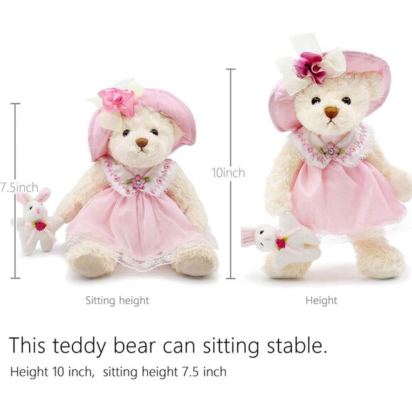 10" Oitscute Pink Lace Small Teddy Bear with Cloth Stuffed Animal Soft Plush Toy - Picture 2 of 5